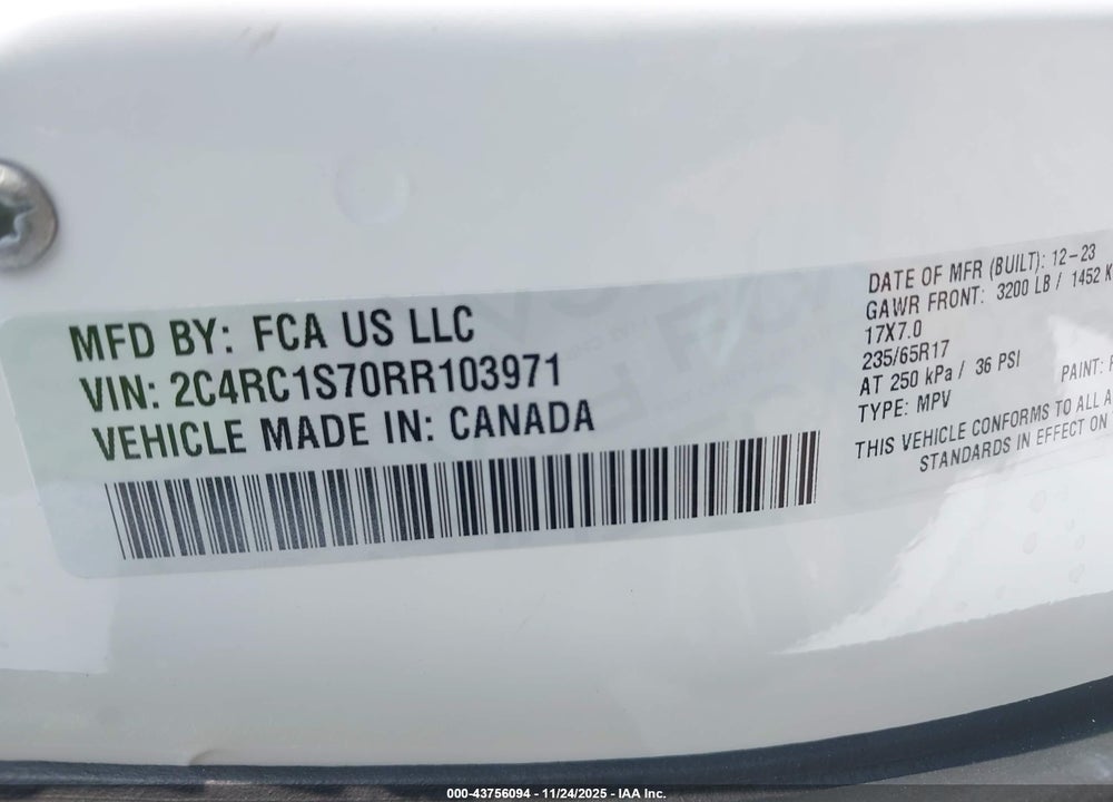 2024 CHRYSLER PACIFICA HYBRID SELECT VIN: 2C4RC1S70RR103971