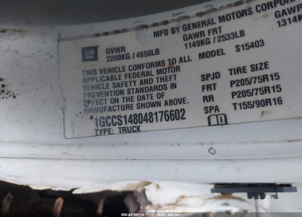 2004 CHEVROLET COLORADO FLEET VIN: 1GCCS148048176602