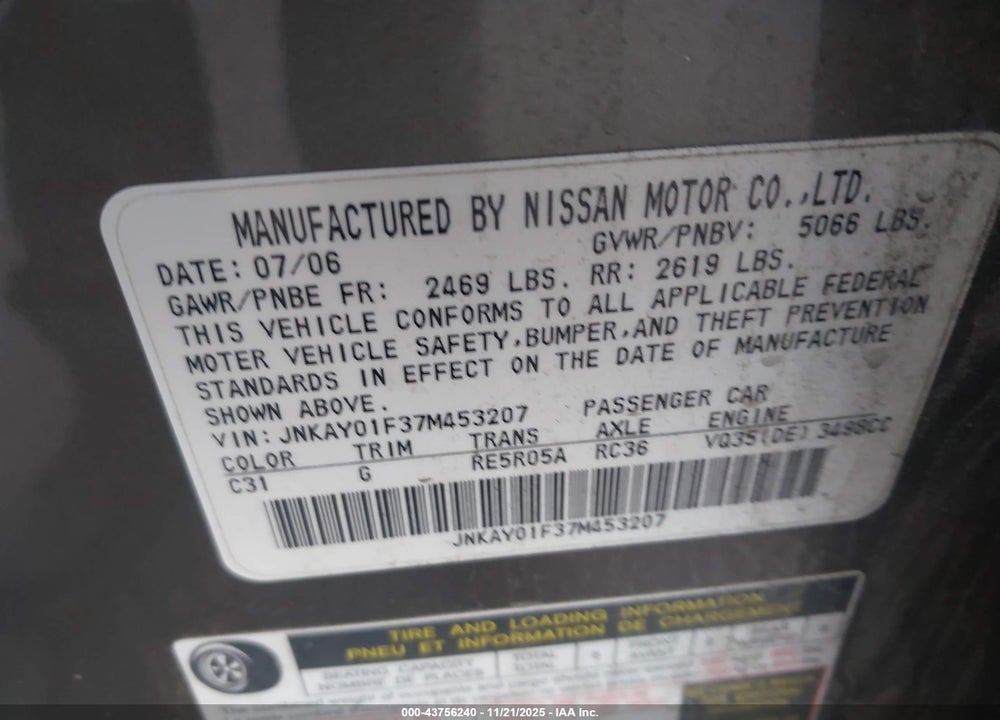 2007 INFINITI M35X VIN: JNKAY01F37M453207