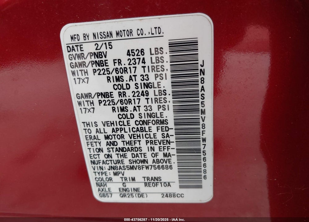 2015 NISSAN ROGUE SELECT S VIN: JN8AS5MV8FW756686