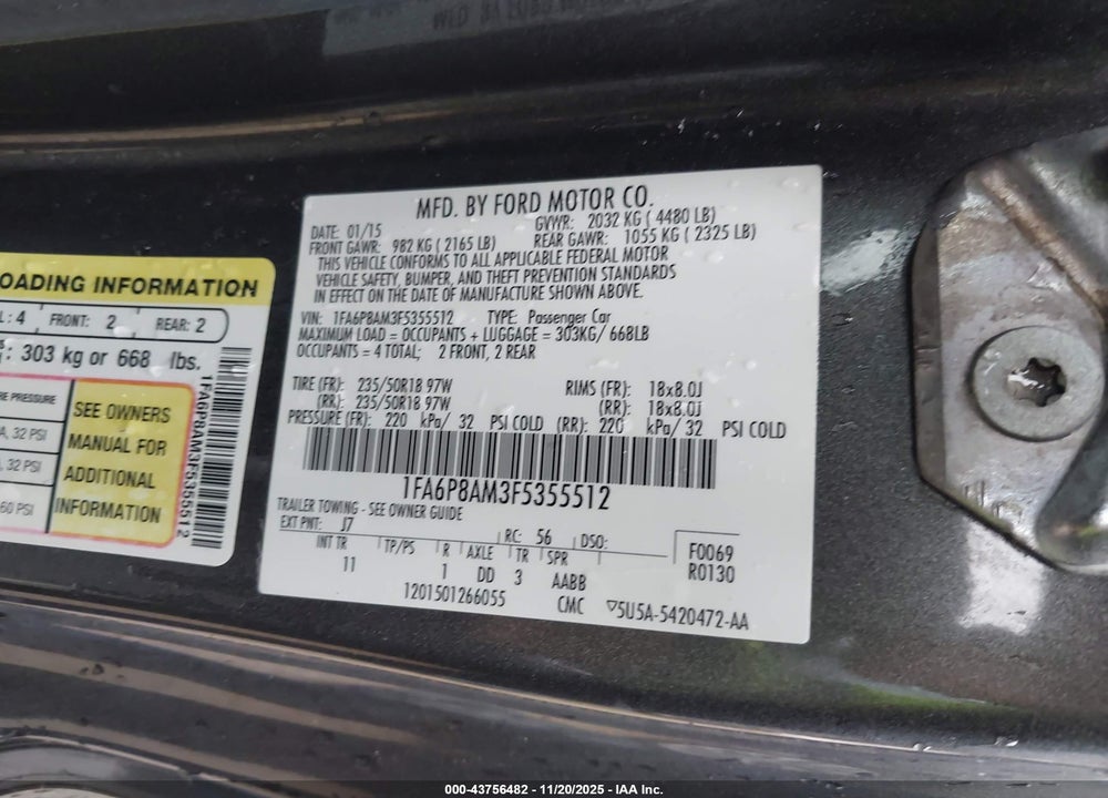 2015 FORD MUSTANG V6 VIN: 1FA6P8AM3F5355512