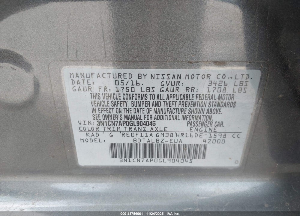 2016 NISSAN VERSA 1.6 SV VIN: 3N1CN7AP0GL904045
