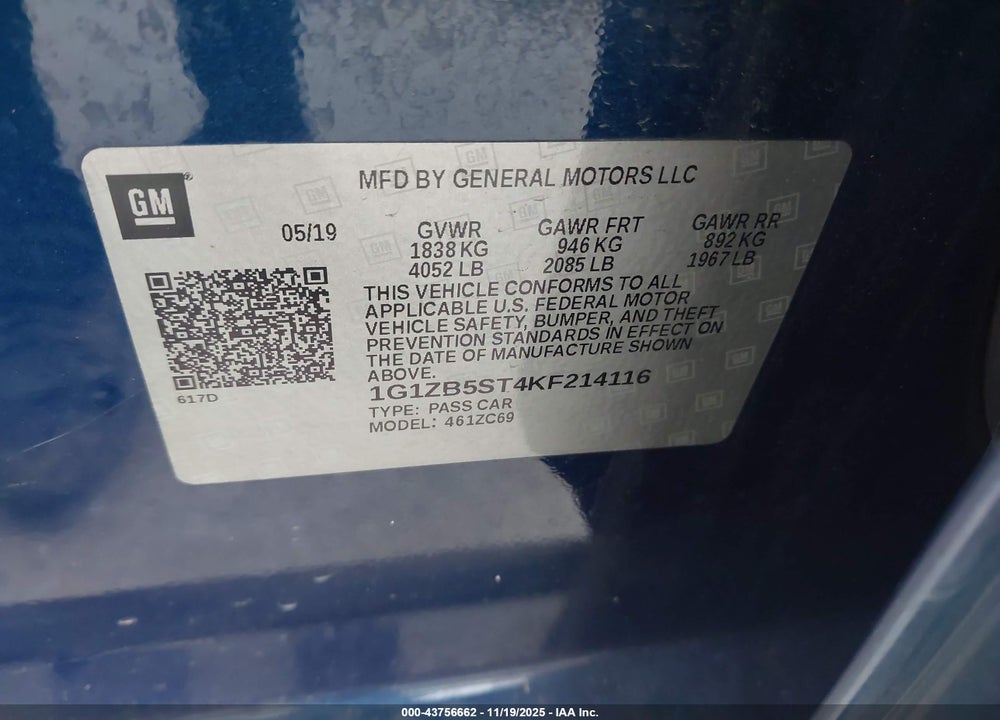 2019 CHEVROLET MALIBU 1LS VIN: 1G1ZB5ST4KF214116