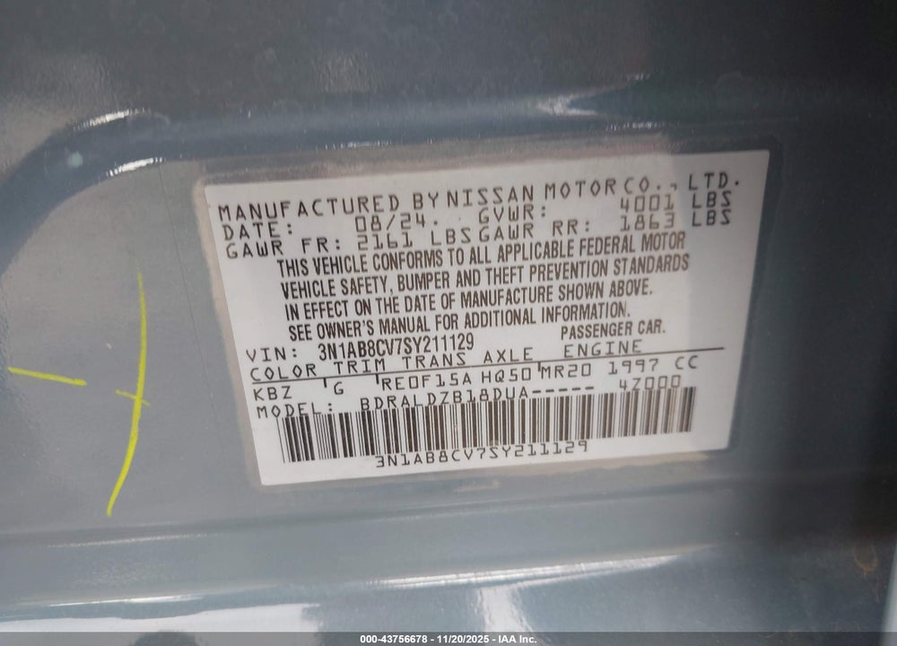 2025 NISSAN SENTRA VIN: 3N1AB8CV7SY211129