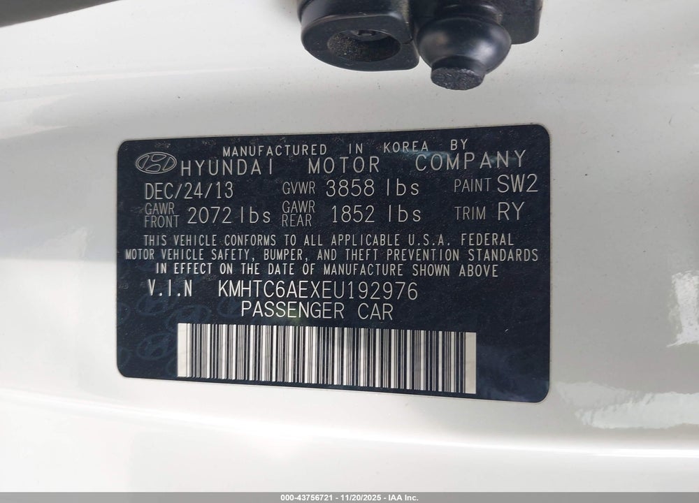 2014 HYUNDAI VELOSTER TURBO W/BLUE VIN: KMHTC6AEXEU192976