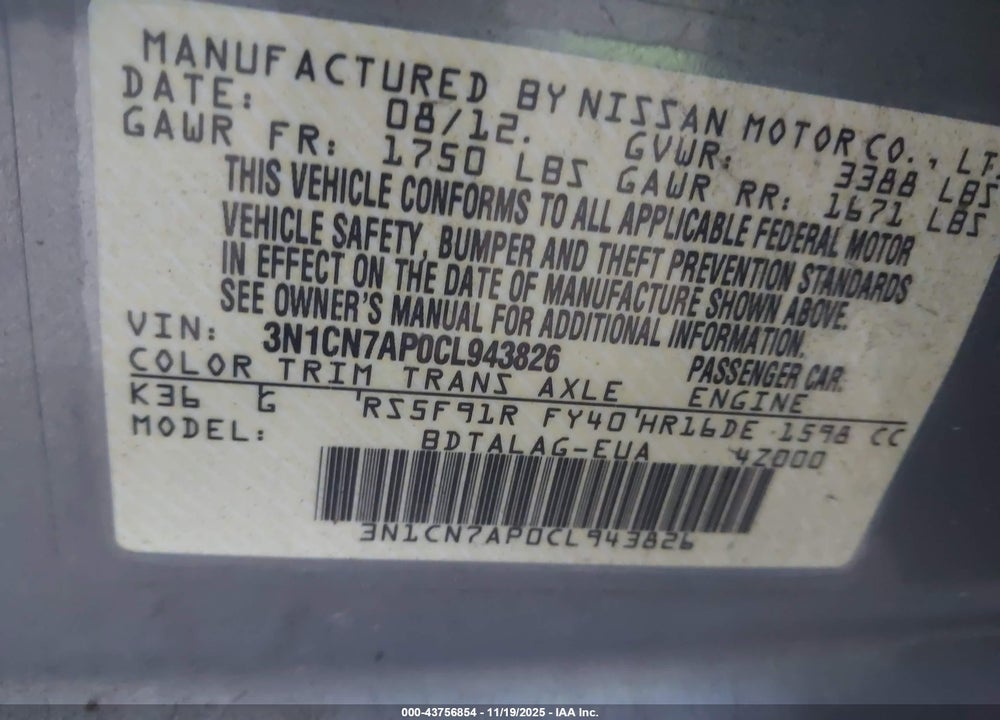 2012 NISSAN VERSA 1.6 S+ VIN: 3N1CN7AP0CL943826