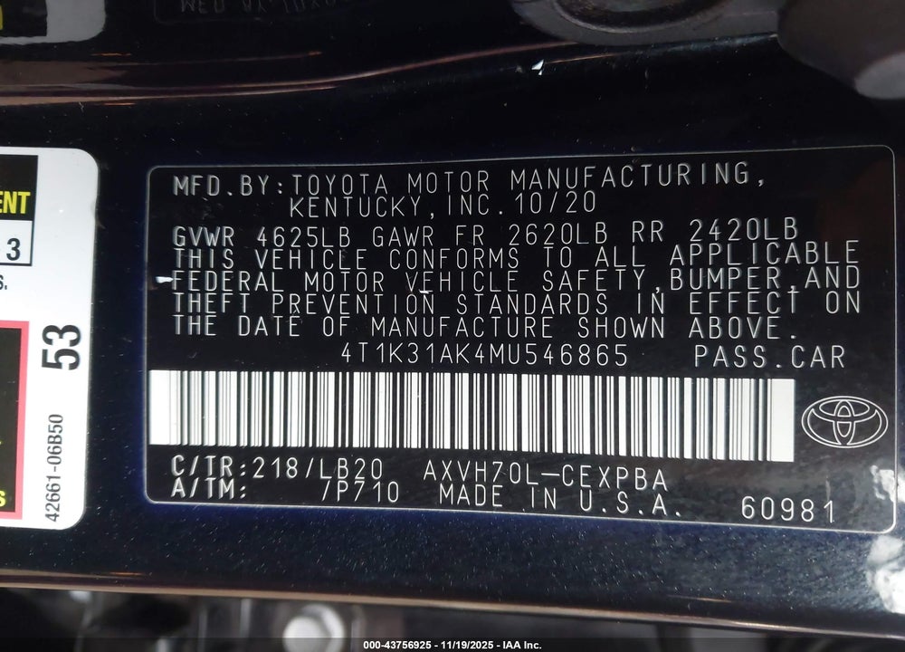 2021 TOYOTA CAMRY XSE HYBRID VIN: 4T1K31AK4MU546865