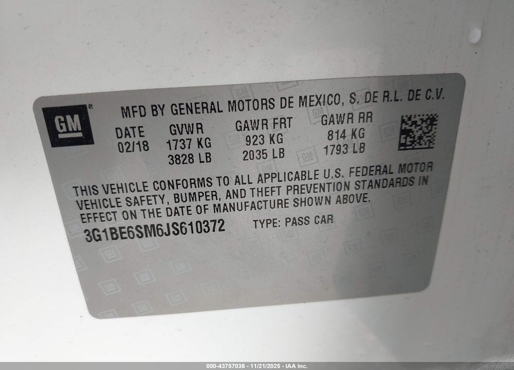 2018 CHEVROLET CRUZE LT AUTO VIN: 3G1BE6SM6JS610372