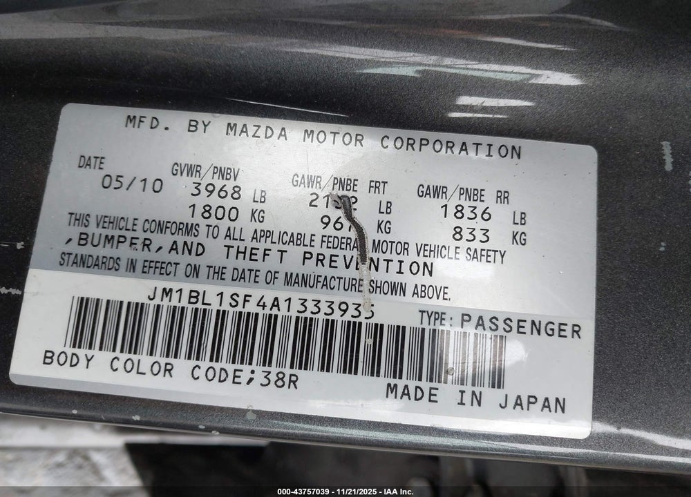 2010 MAZDA 3 I TOURING VIN: JM1BL1SF4A1333935