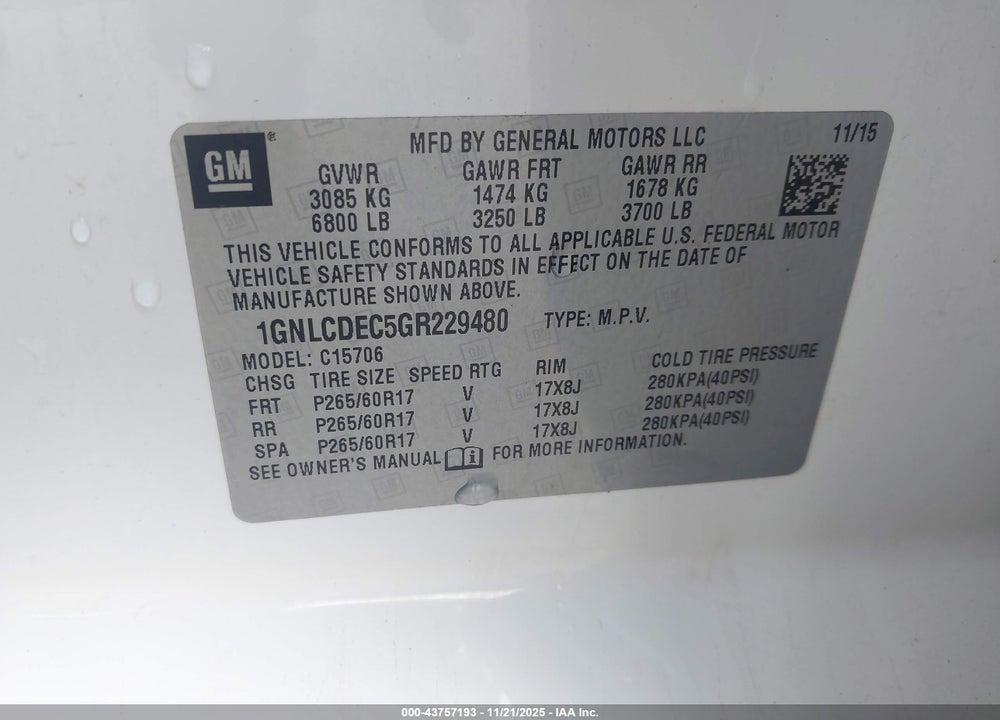 2016 CHEVROLET TAHOE COMMERCIAL FLEET VIN: 1GNLCDEC5GR229480
