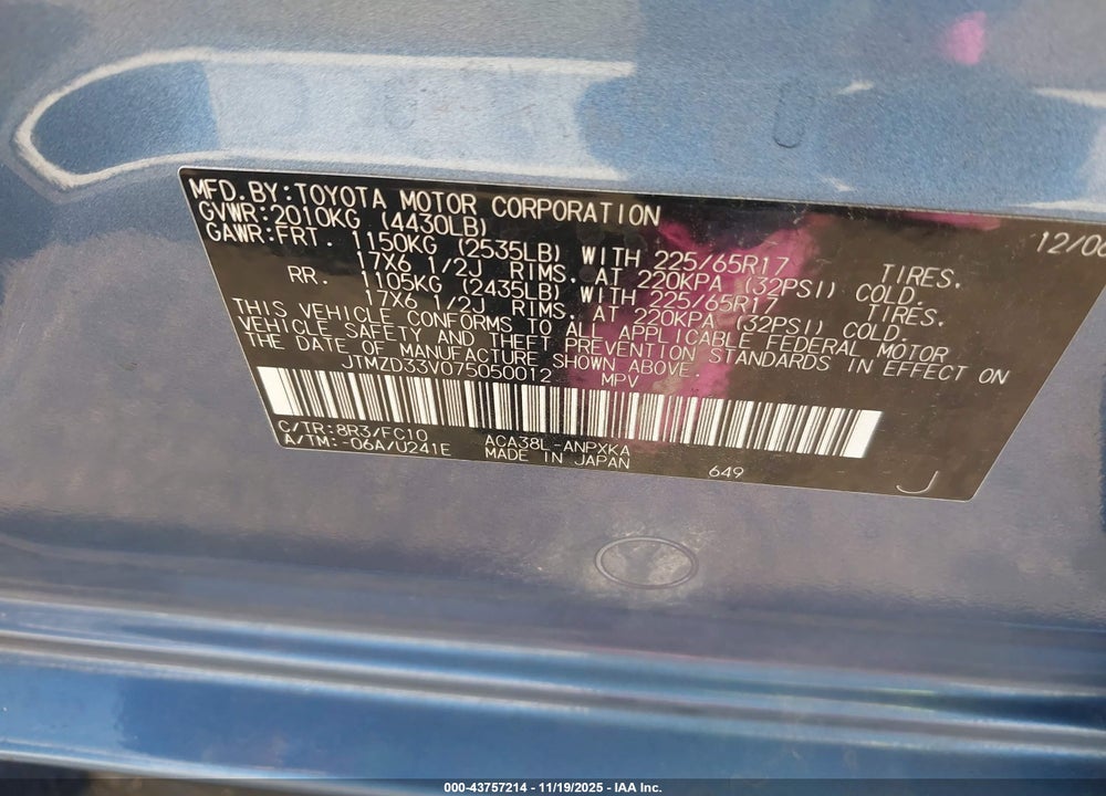 2007 TOYOTA RAV4 VIN: JTMZD33V075050012