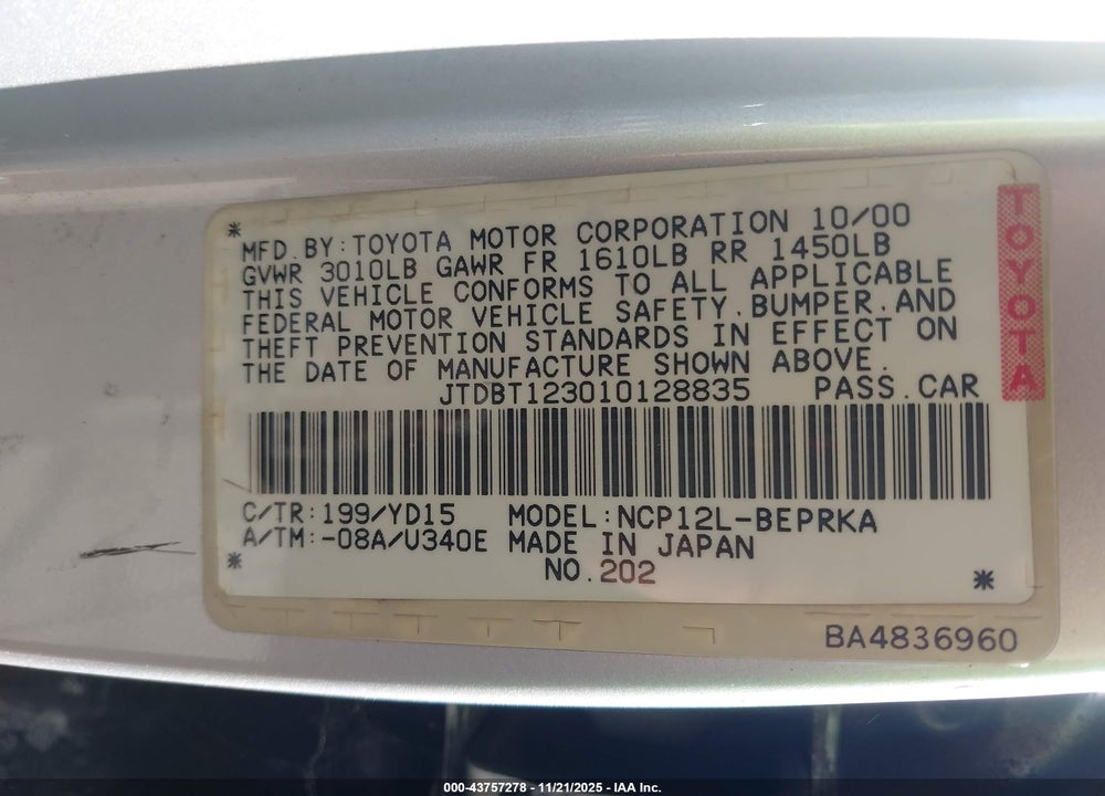 2001 TOYOTA ECHO VIN: JTDBT123010128835