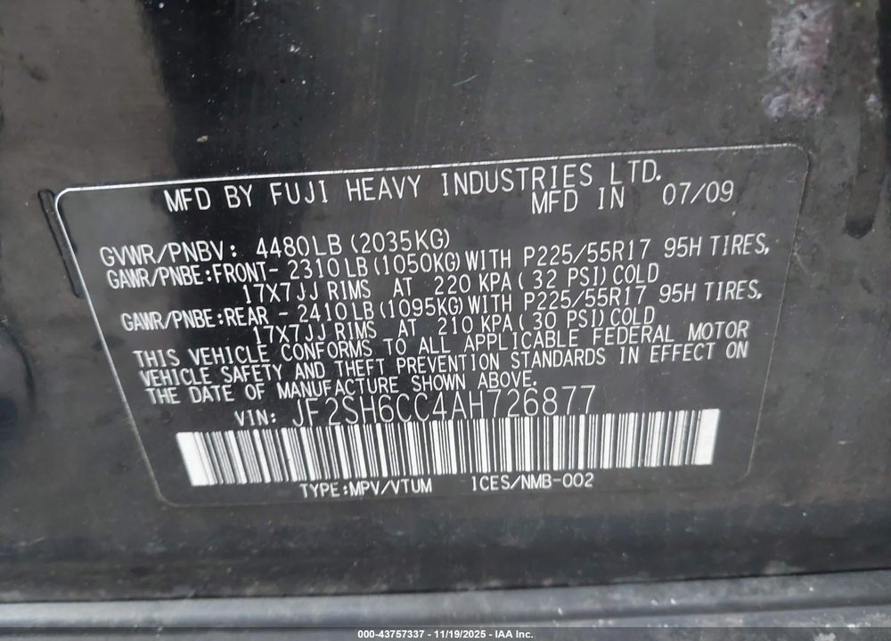 2010 SUBARU FORESTER 2.5X PREMIUM VIN: JF2SH6CC4AH726877