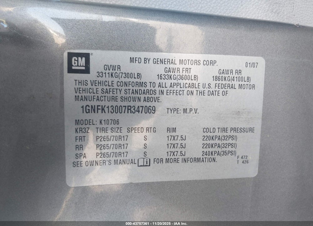2007 CHEVROLET TAHOE LT VIN: 1GNFK13007R347069