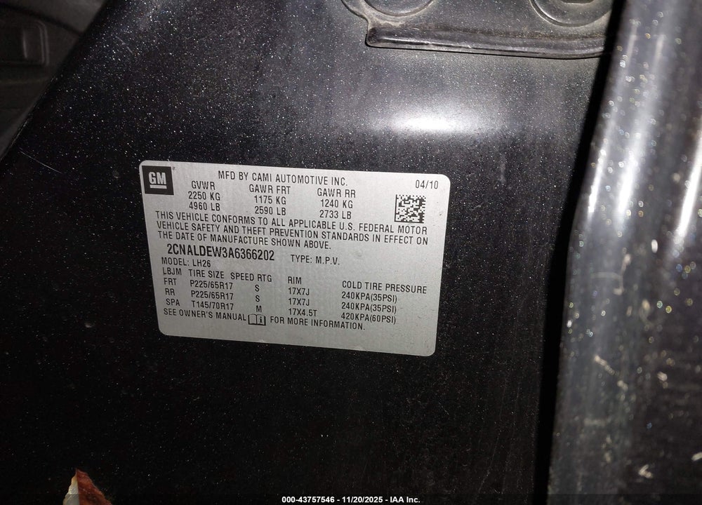 2010 CHEVROLET EQUINOX LT VIN: 2CNALDEW3A6366202