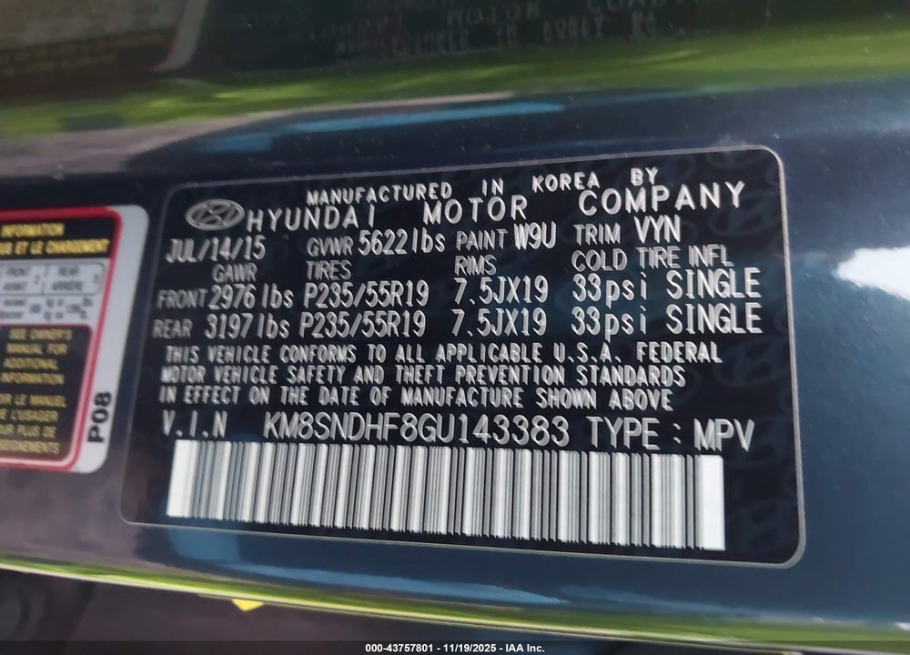 2016 HYUNDAI SANTA FE SE VIN: KM8SNDHF8GU143383