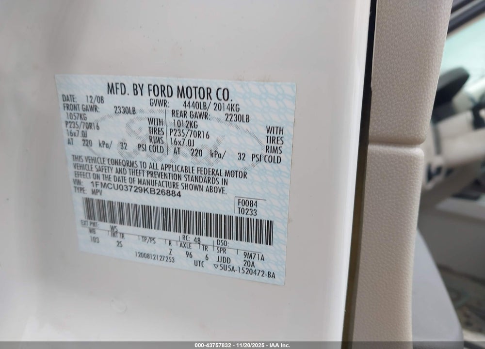 2009 FORD ESCAPE XLT VIN: 1FMCU03729KB26884