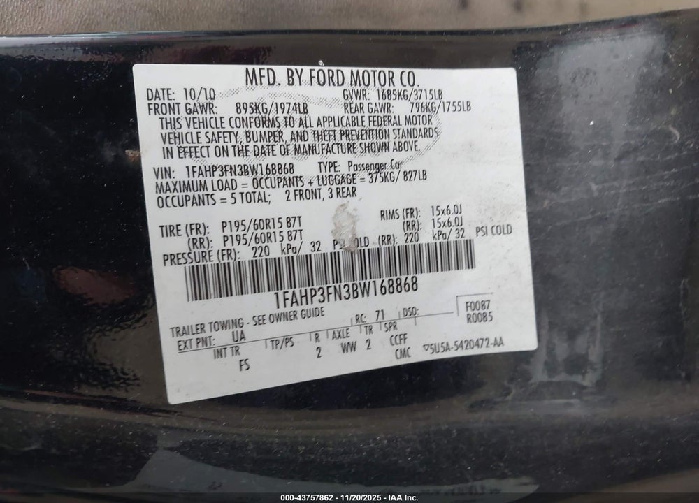 2011 FORD FOCUS SE VIN: 1FAHP3FN3BW168868