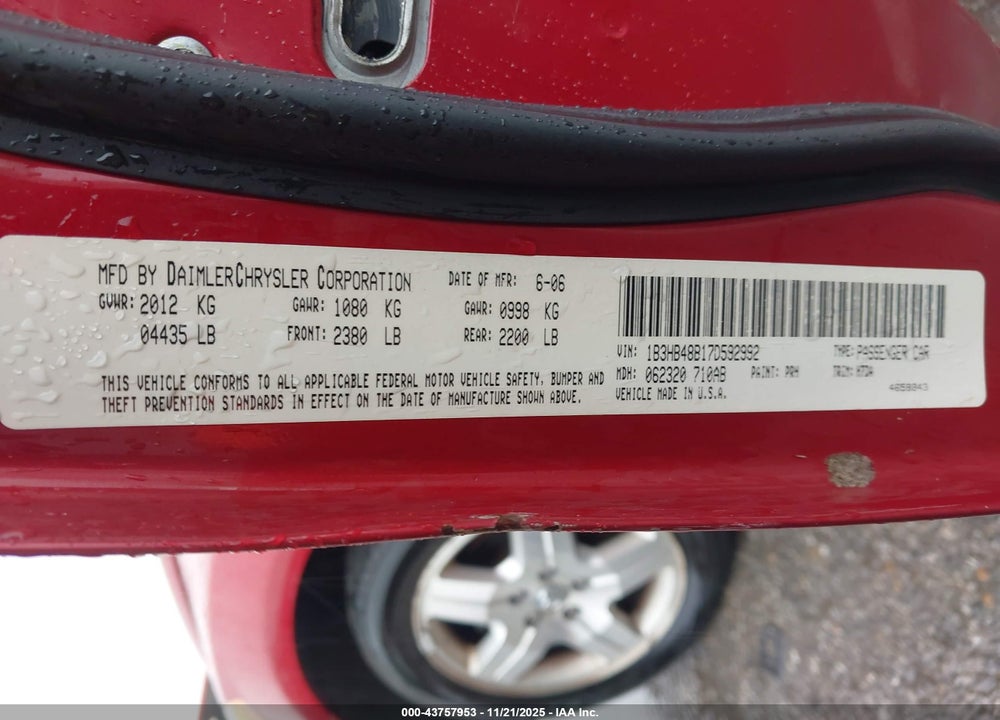 2007 DODGE CALIBER SXT VIN: 1B3HB48B17D592992