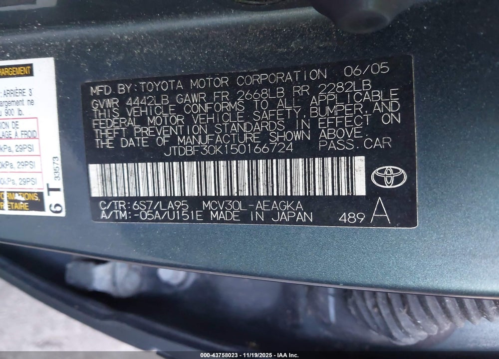 2005 TOYOTA CAMRY XLE V6 VIN: JTDBF30K150166724