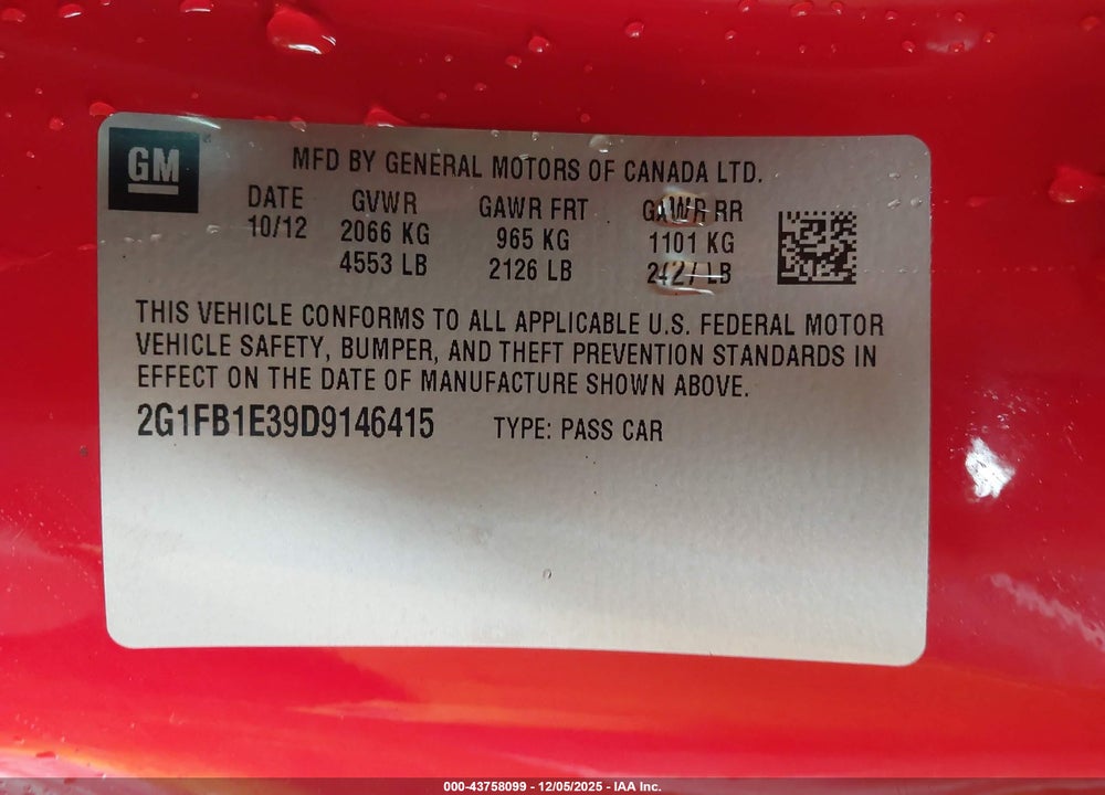 2013 CHEVROLET CAMARO 1LT VIN: 2G1FB1E39D9146415