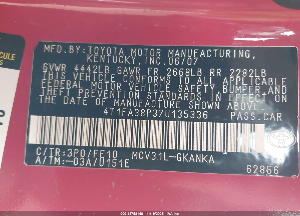 2007 TOYOTA CAMRY SOLARA SE VIN: 4T1FA38P37U135336