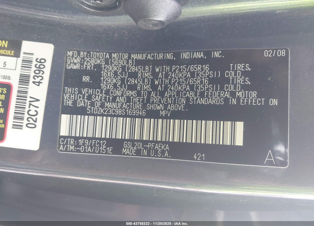2008 TOYOTA SIENNA LE VIN: 5TDZK23C98S169946