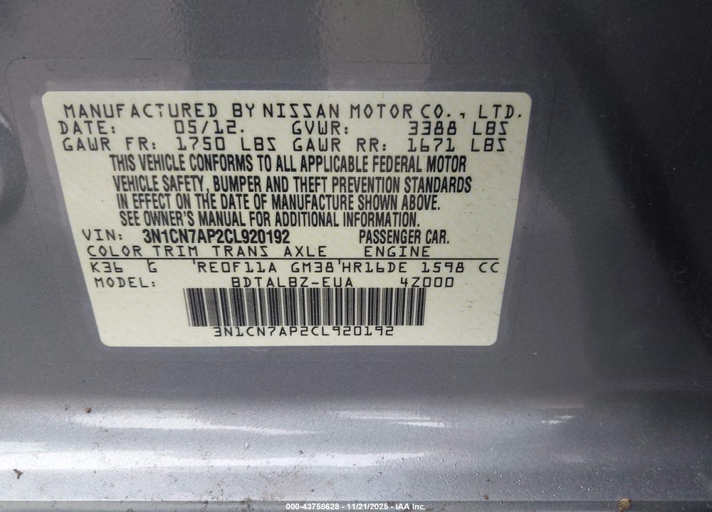 2012 NISSAN VERSA 1.6 SV VIN: 3N1CN7AP2CL920192