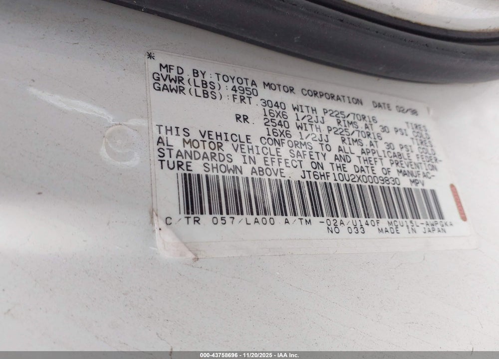 1999 LEXUS RX 300 VIN: JT6HF10U2X0009830