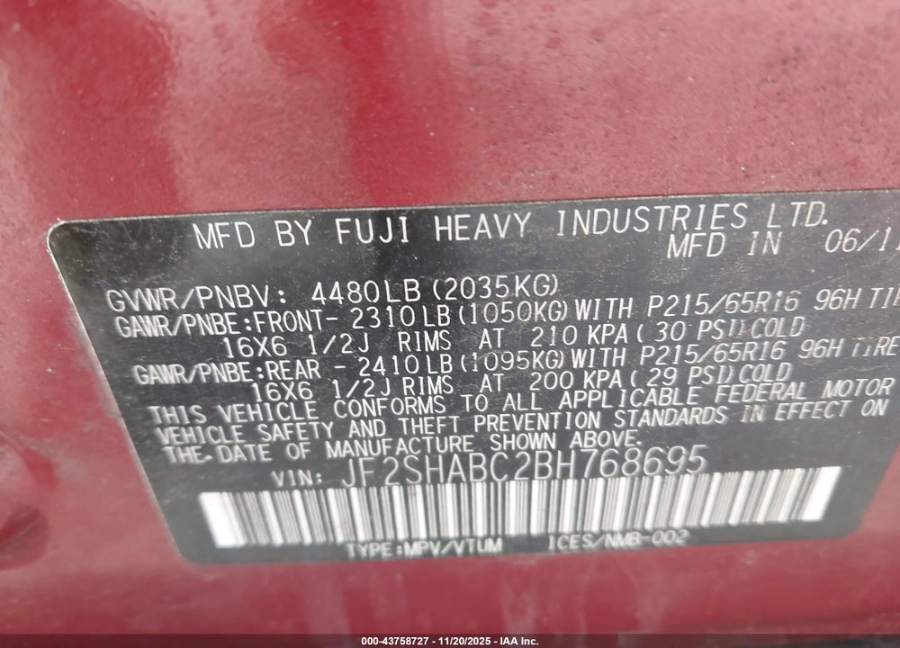 2011 SUBARU FORESTER VIN: JF2SHABC2BH768695
