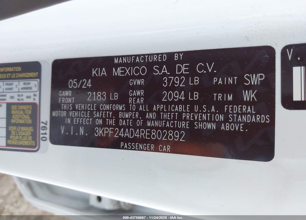 2024 KIA FORTE LXS VIN: 3KPF24AD4RE802892