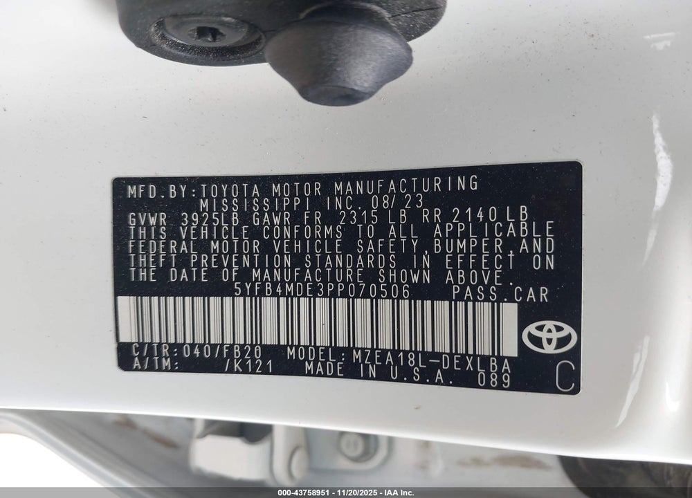 2023 TOYOTA COROLLA VIN: 5YFB4MDE3PP070506