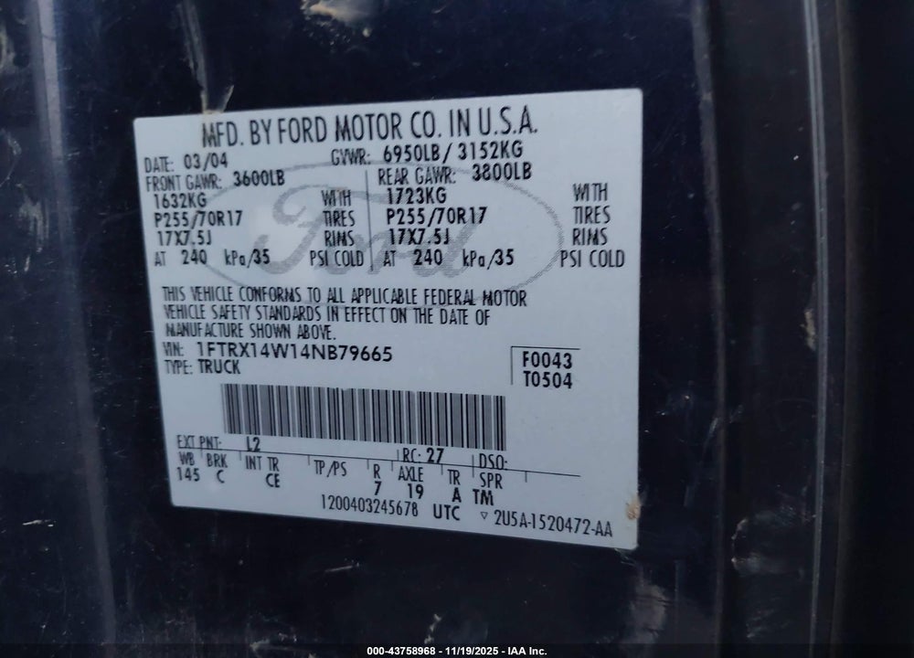 2004 FORD F-150 STX/XL/XLT VIN: 1FTRX14W14NB79665