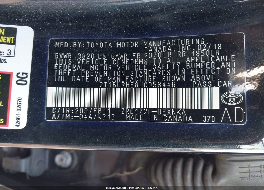 2018 TOYOTA COROLLA LE VIN: 2T1BURHE8JC058446