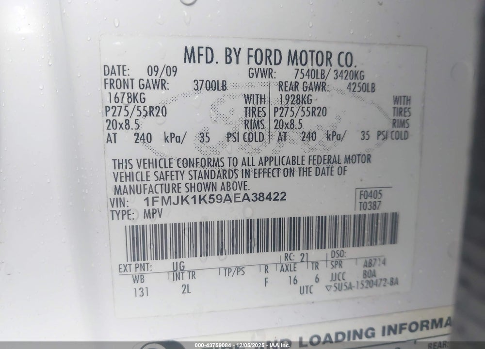 2010 FORD EXPEDITION EL LIMITED VIN: 1FMJK1K59AEA38422