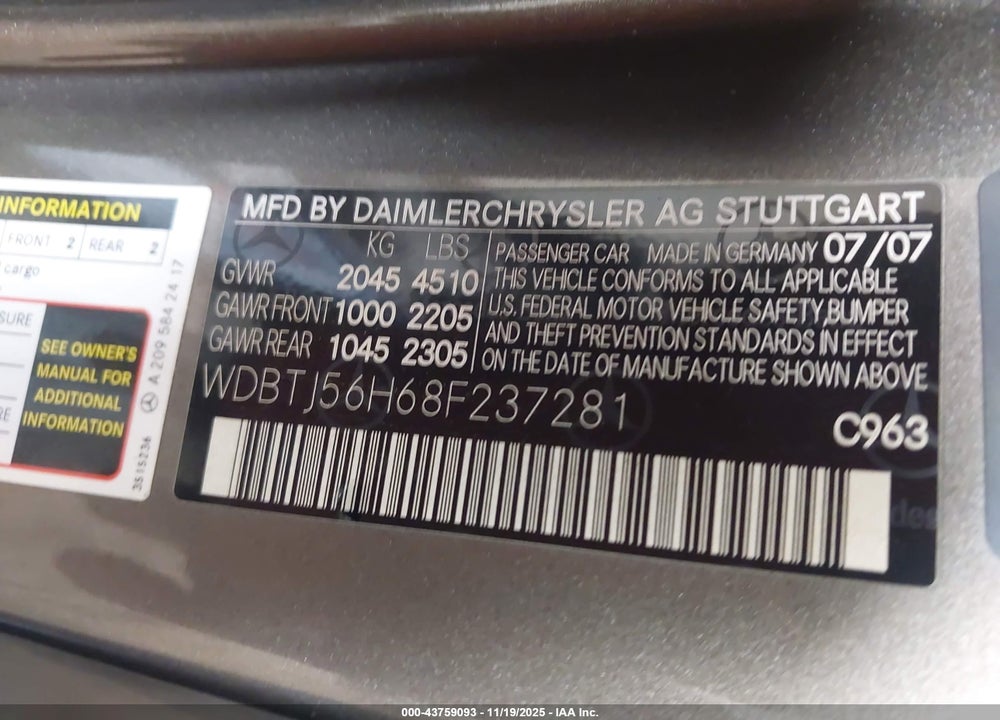 2008 MERCEDES-BENZ CLK 350 VIN: WDBTJ56H68F237281