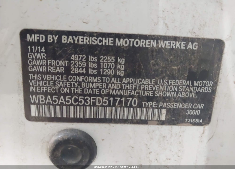 2015 BMW 528I VIN: WBA5A5C53FD517170