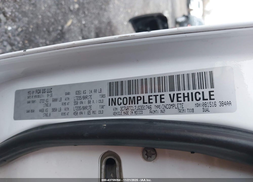 2018 RAM 3500 CHASSIS CAB VIN: 3C7WRTCL7JG331746