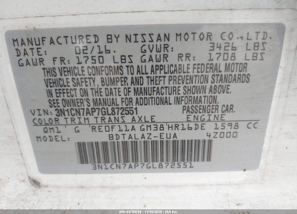 2016 NISSAN VERSA 1.6 S+ VIN: 3N1CN7AP7GL872551