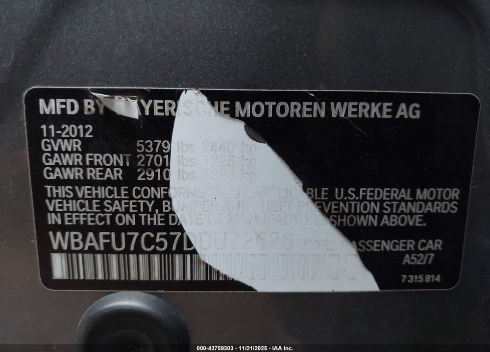 2013 BMW 535I XDRIVE VIN: WBAFU7C57DDU72626