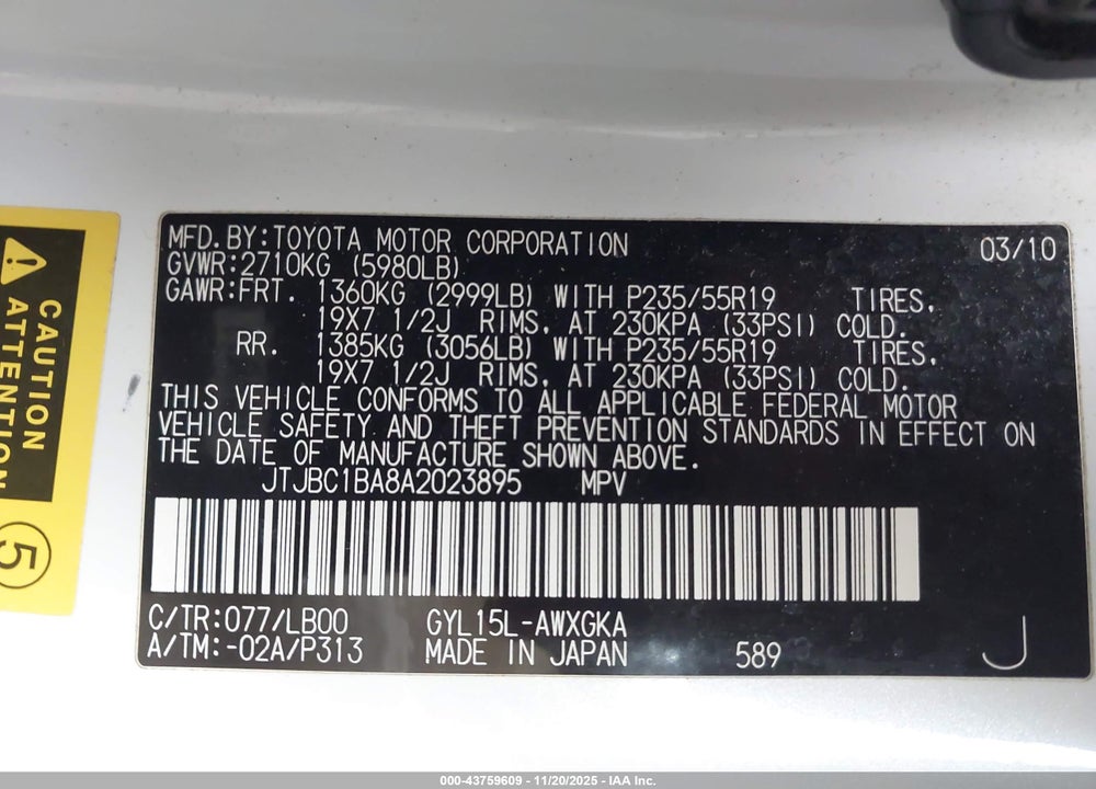 2010 LEXUS RX 450H VIN: JTJBC1BA8A2023895