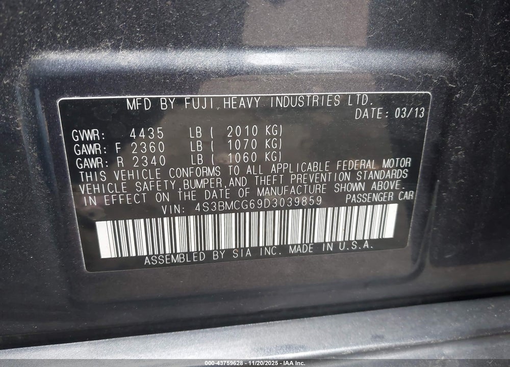 2013 SUBARU LEGACY 2.5 I SPORT VIN: 4S3BMCG69D3039859