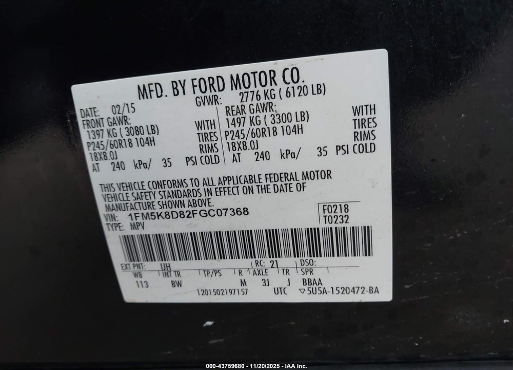 2015 FORD EXPLORER XLT VIN: 1FM5K8D82FGC07368