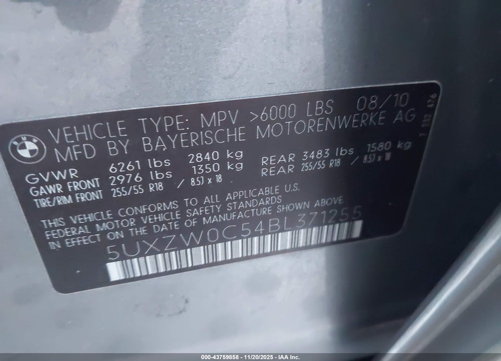 2011 BMW X5 XDRIVE35D VIN: 5UXZW0C54BL371255