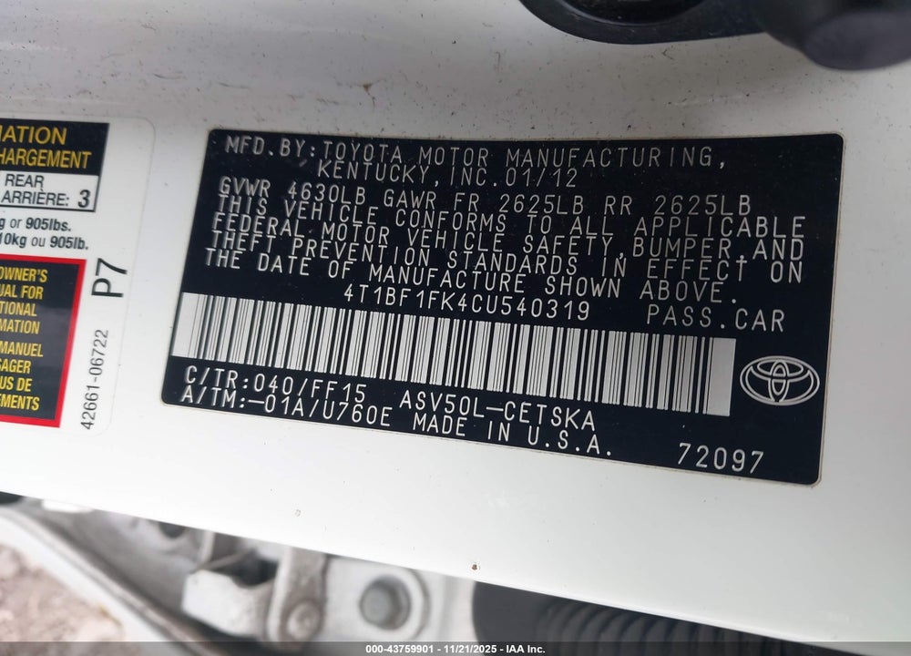 2012 TOYOTA CAMRY SE VIN: 4T1BF1FK4CU540319