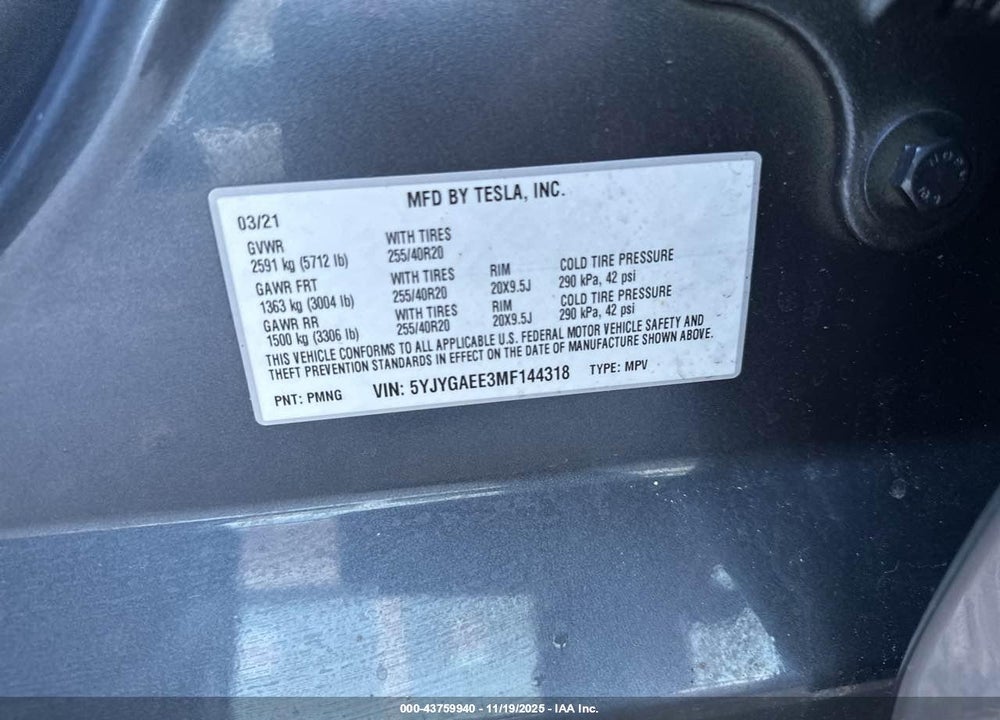 2021 TESLA MODEL Y VIN: 5YJYGAEE3MF144318