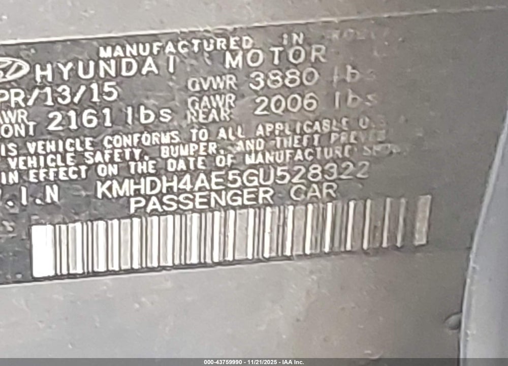 2016 HYUNDAI ELANTRA SE VIN: KMHDH4AE5GU528322