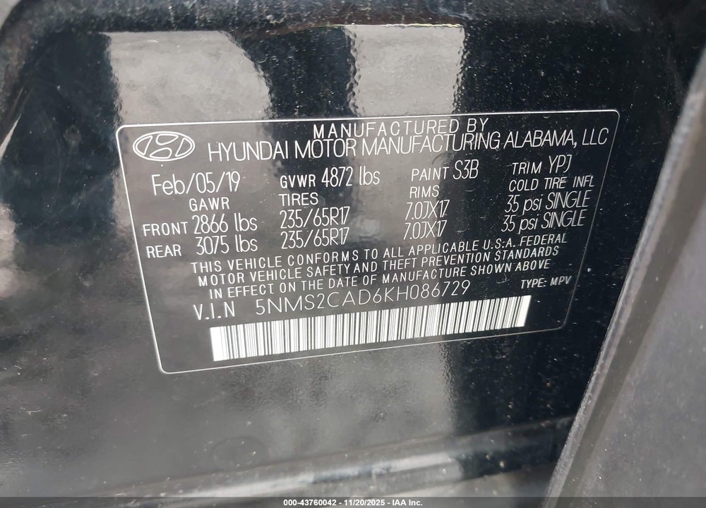 2019 HYUNDAI SANTA FE VIN: 5NMS2CAD6KH086729