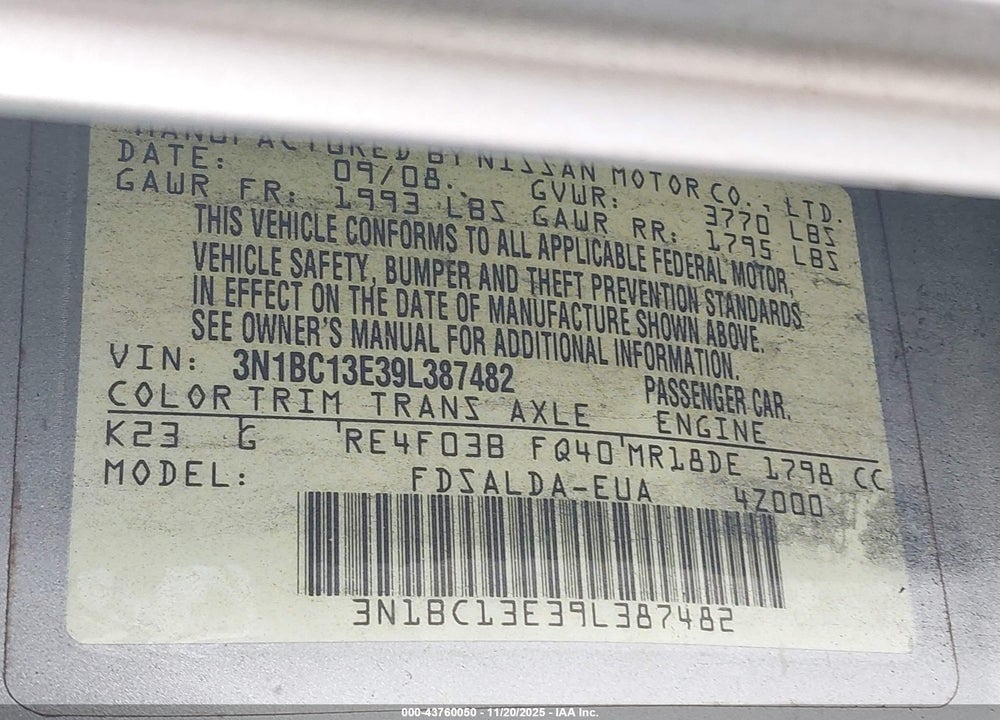 2009 NISSAN VERSA 1.8S VIN: 3N1BC13E39L387482