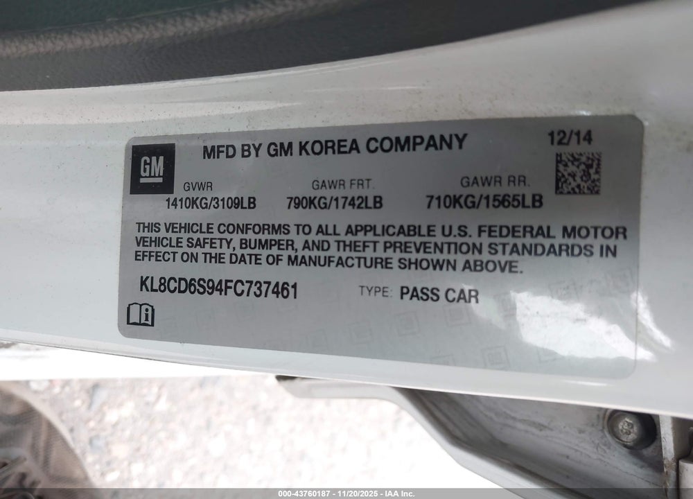 2015 CHEVROLET SPARK 1LT CVT VIN: KL8CD6S94FC737461